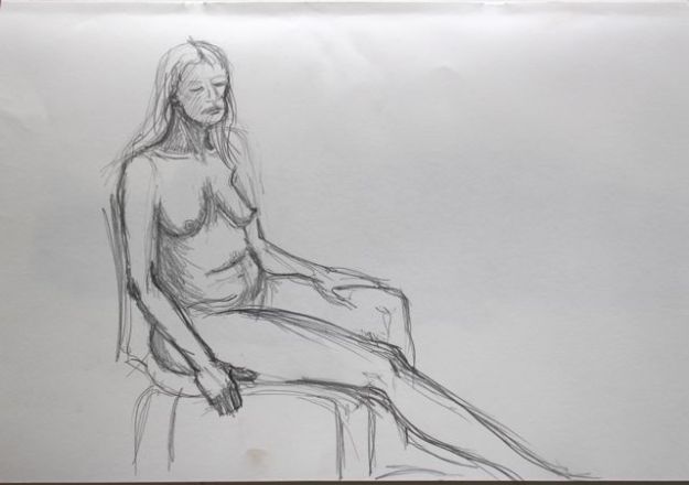 Seated pose with outstretched leg. 15-minute pose. Pencil on paper.
