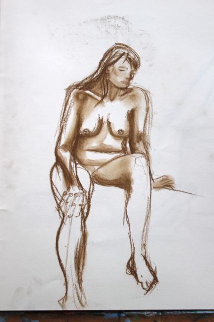 Seated on chair, brown brown Conte stick on paper.